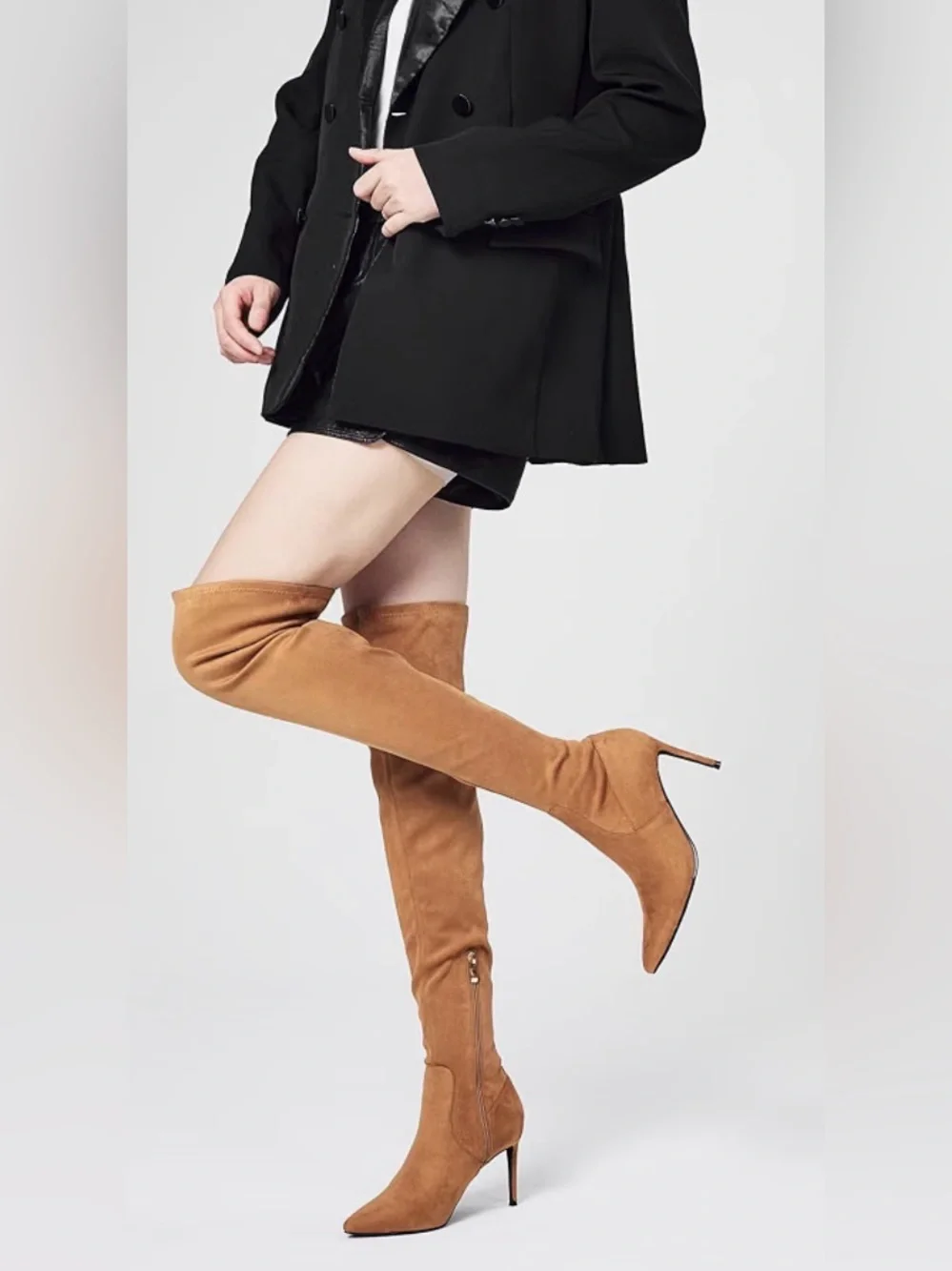 Faux Suede Over-the-Knee 3” Heel Boots in Tan-NWOT